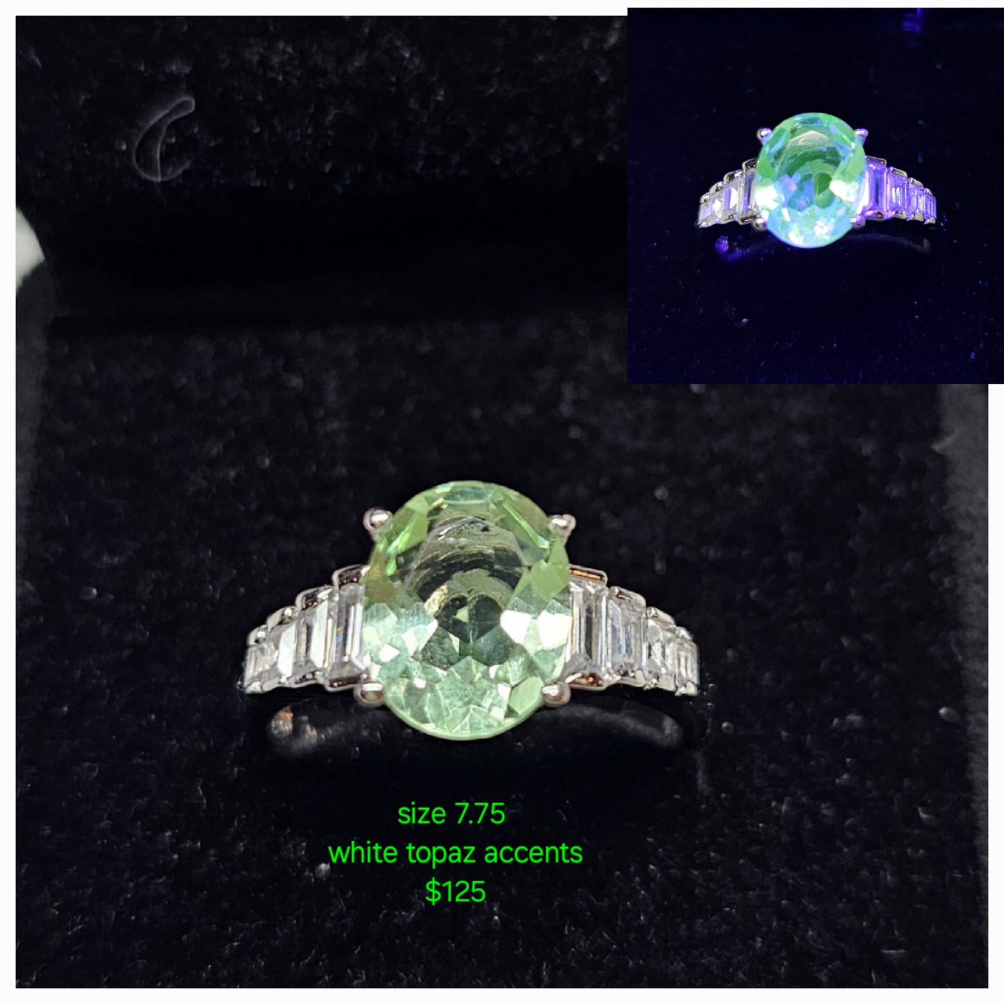 Size 7.75 uranium glass & white topaz