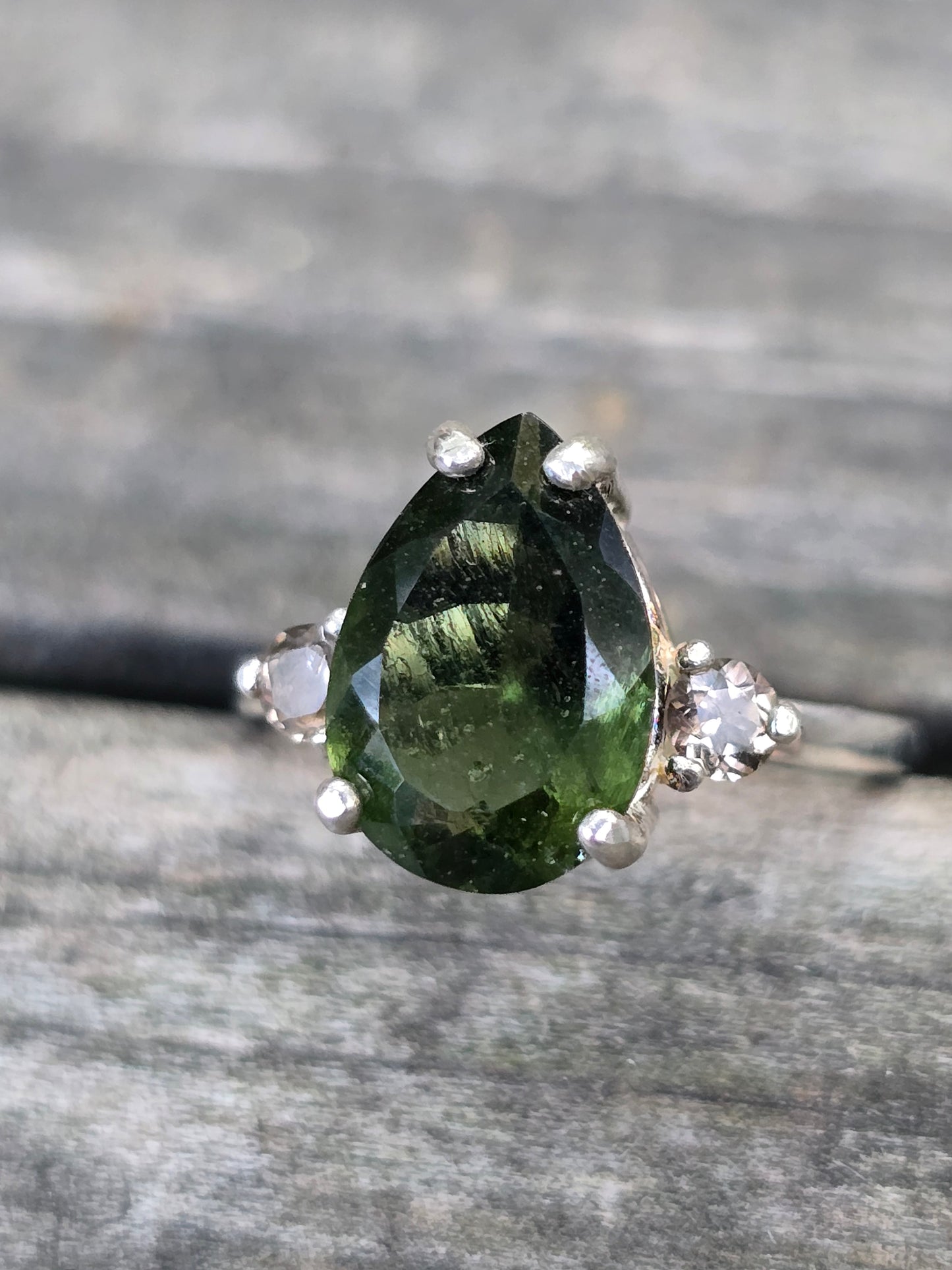 Size 6.5 moldavite and smokey quartz