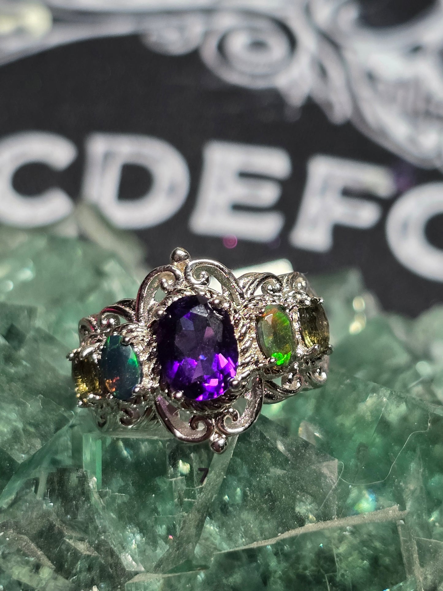 Size 7 amethyst/moldavite/black opal