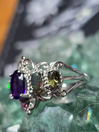 Size 7 amethyst/moldavite/black opal