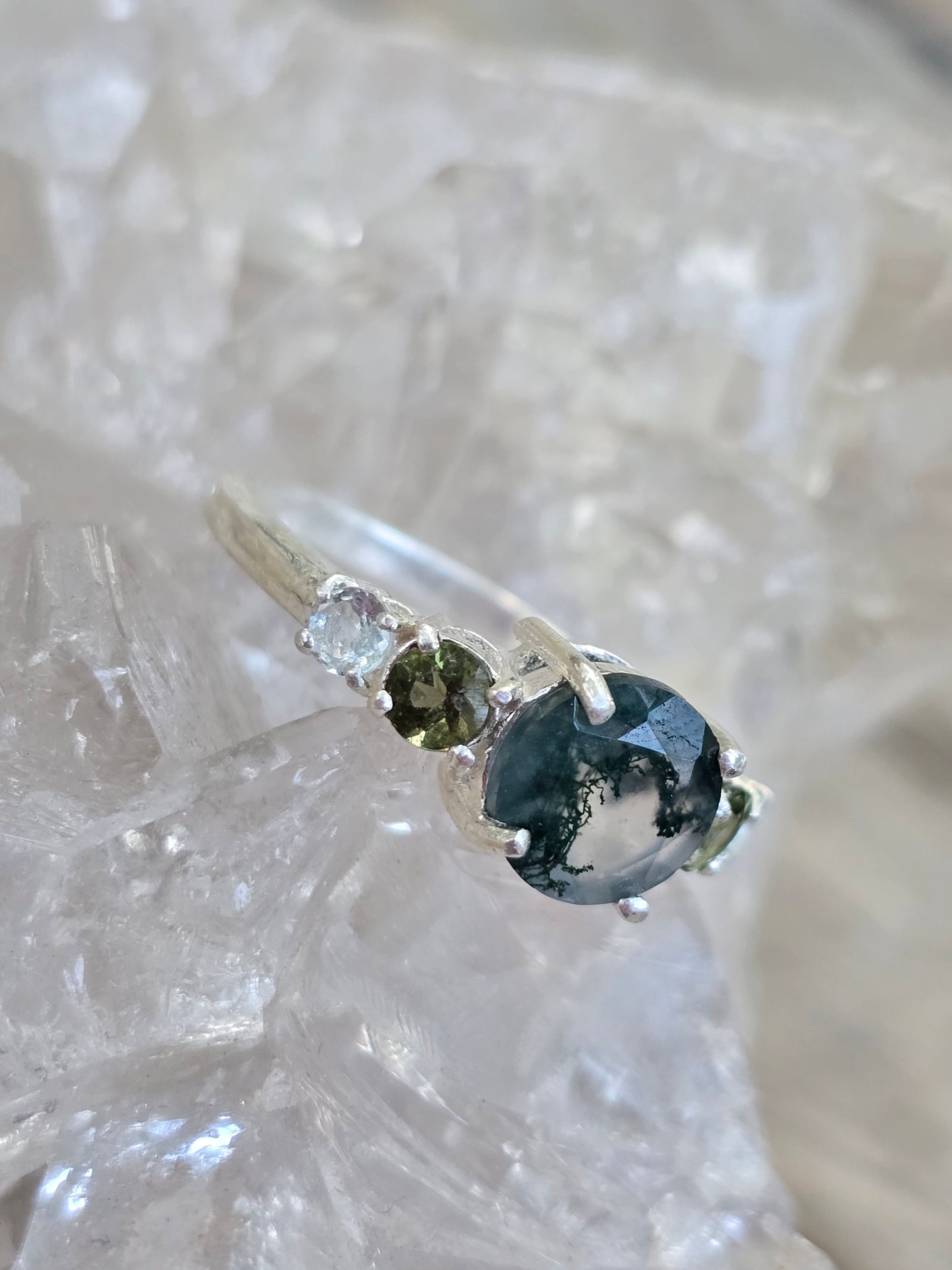 Moss agate moldavite& aquamarine size 8