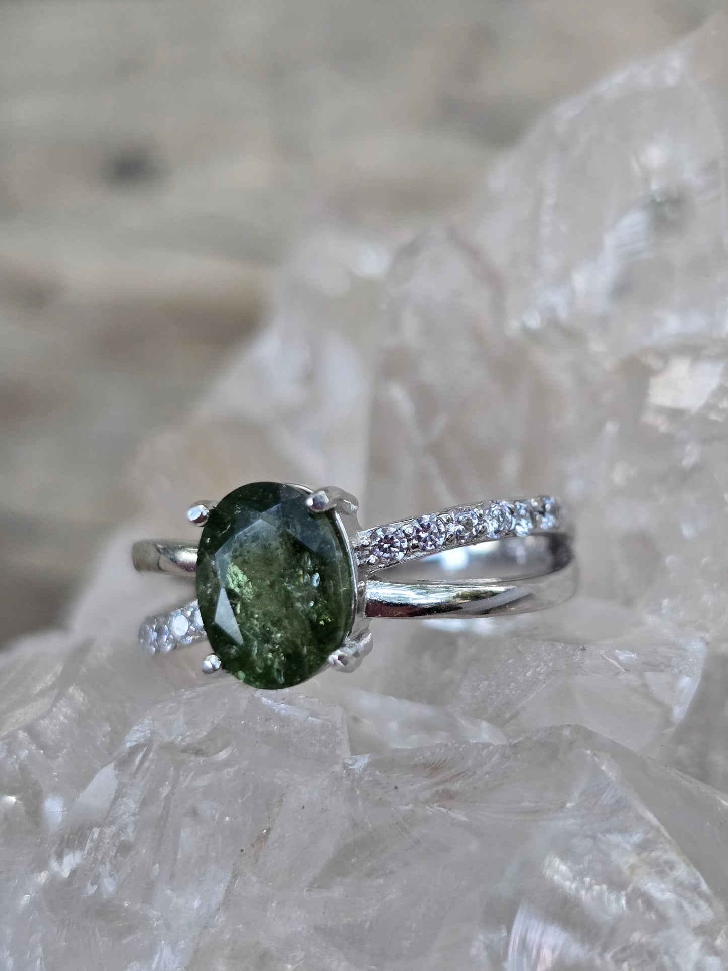 Size 6 moldavite and white topaz