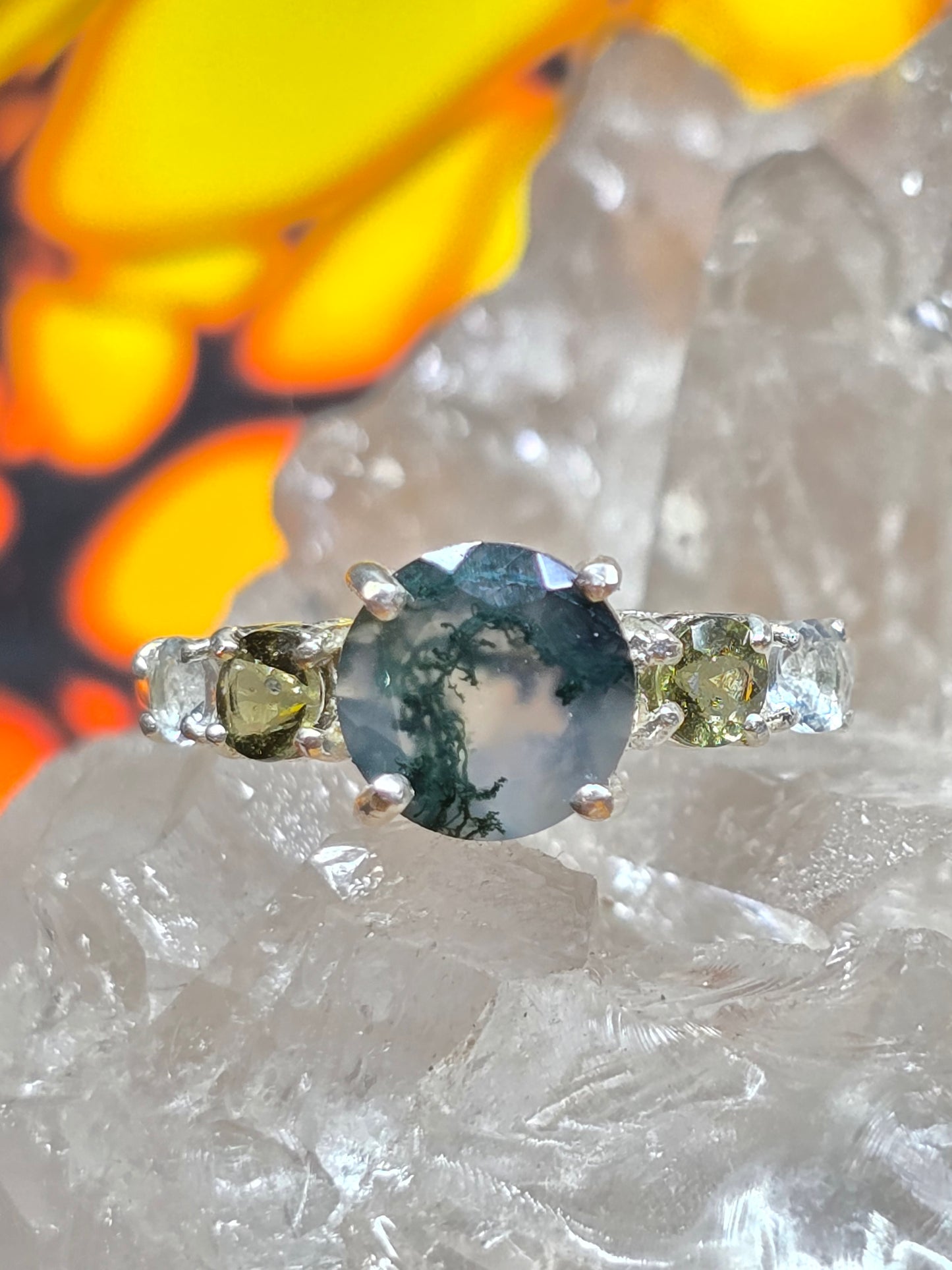 Moss agate moldavite& aquamarine size 8