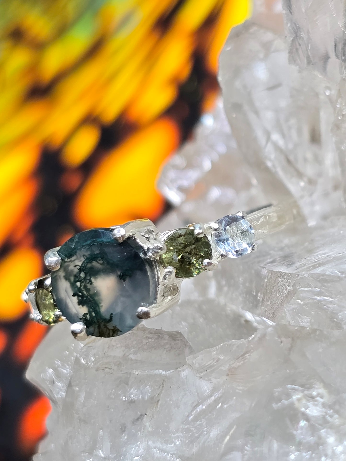 Moss agate moldavite& aquamarine size 8