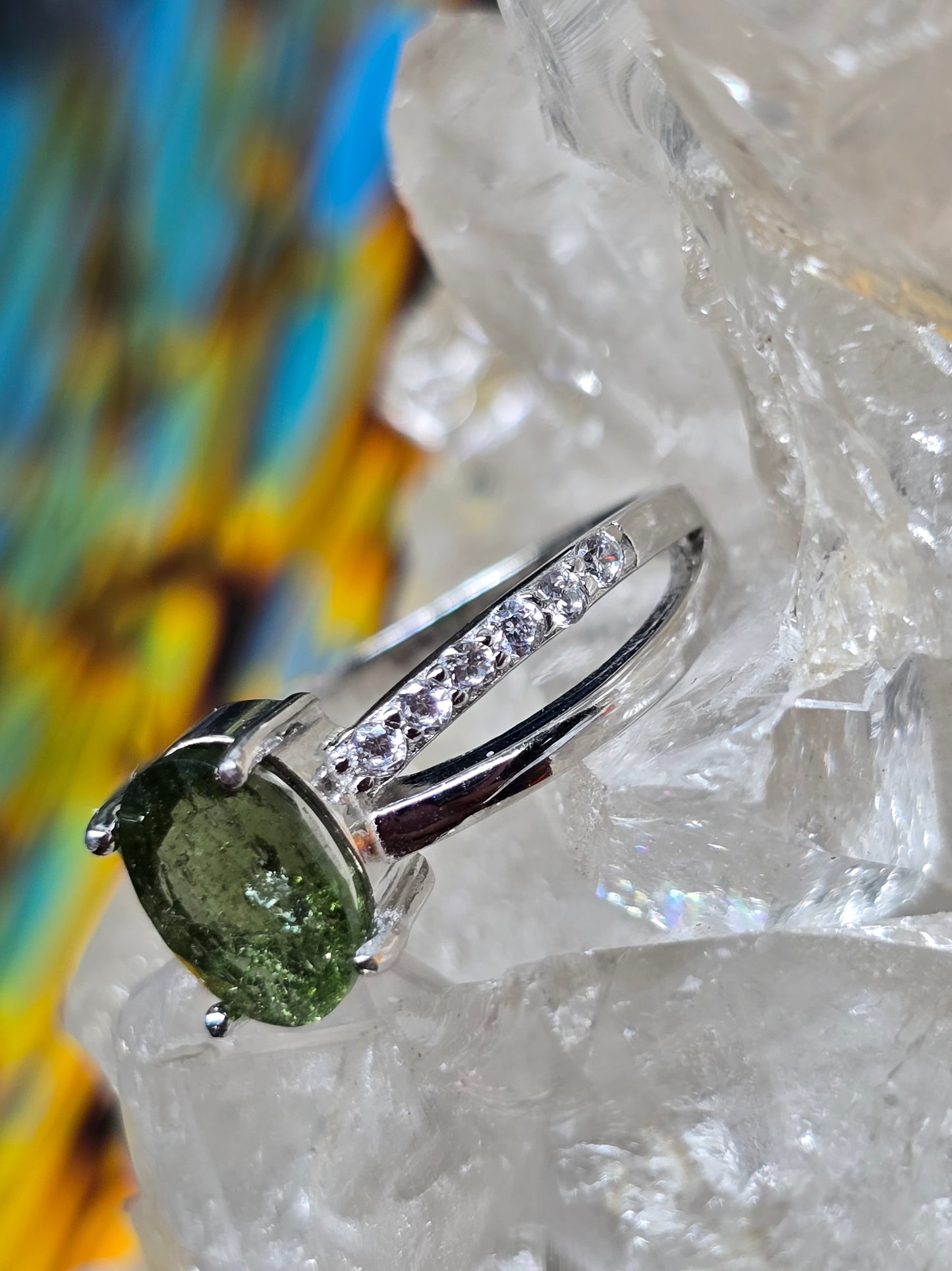 Size 6 moldavite and white topaz