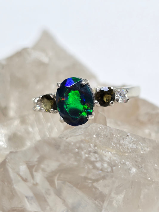 Black opal, moissanite, and moldavite size 12