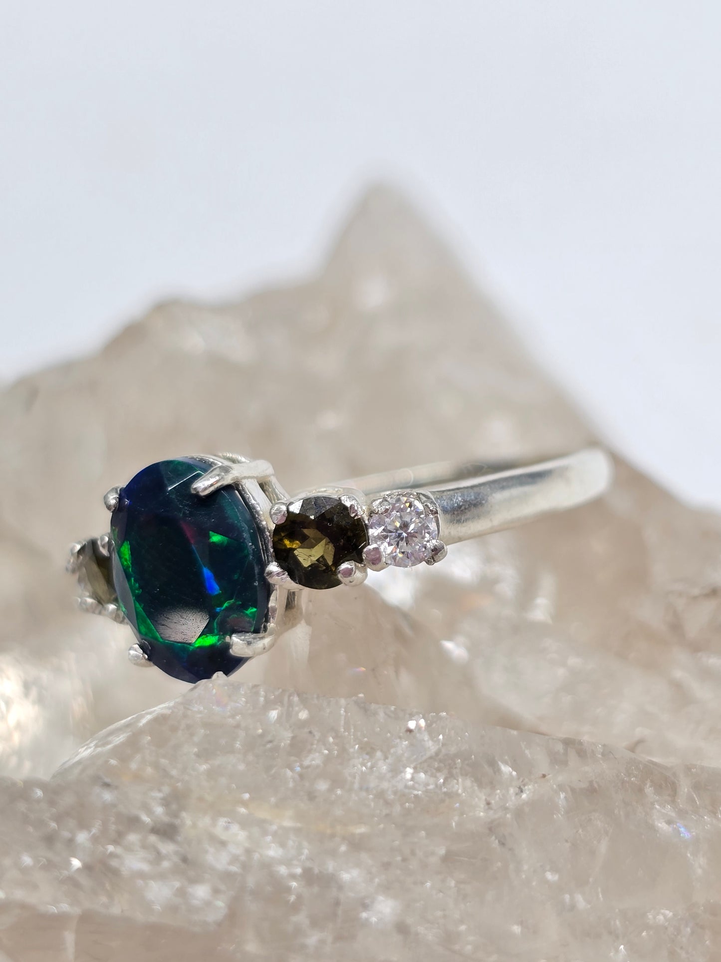 Black opal, moissanite, and moldavite size 12