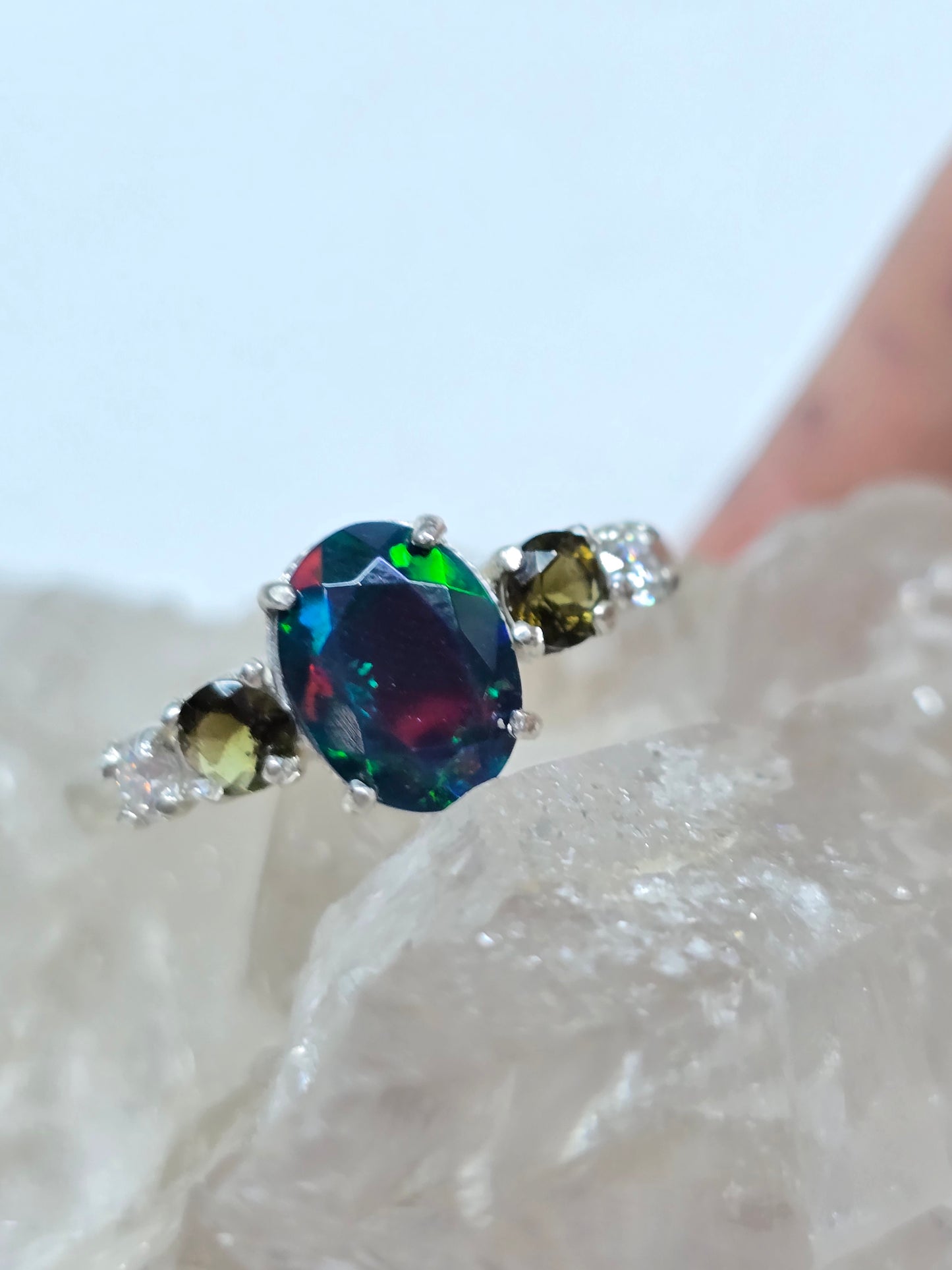 Black opal, moissanite, and moldavite size 12