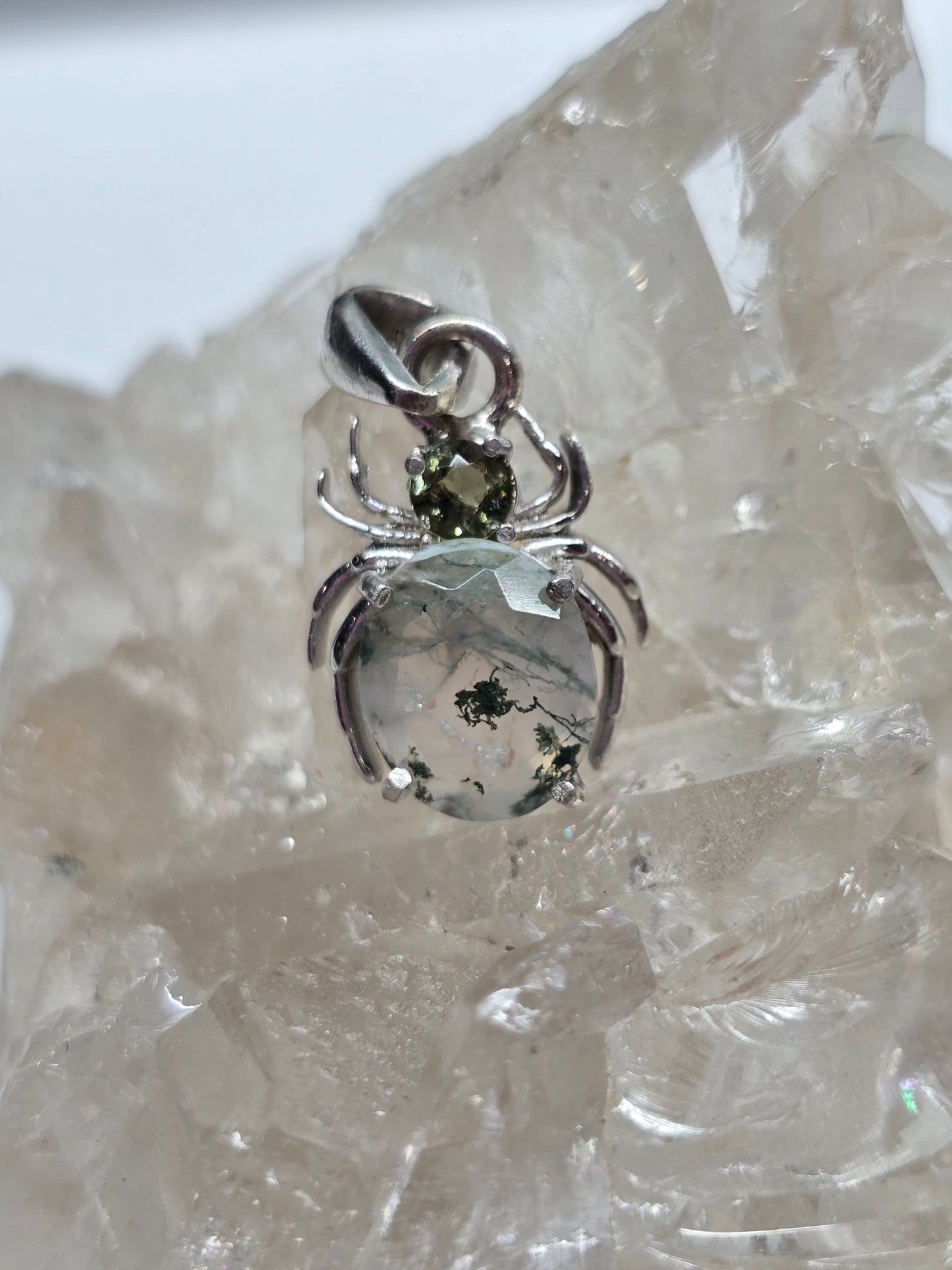 Moldavite and moss agate spider