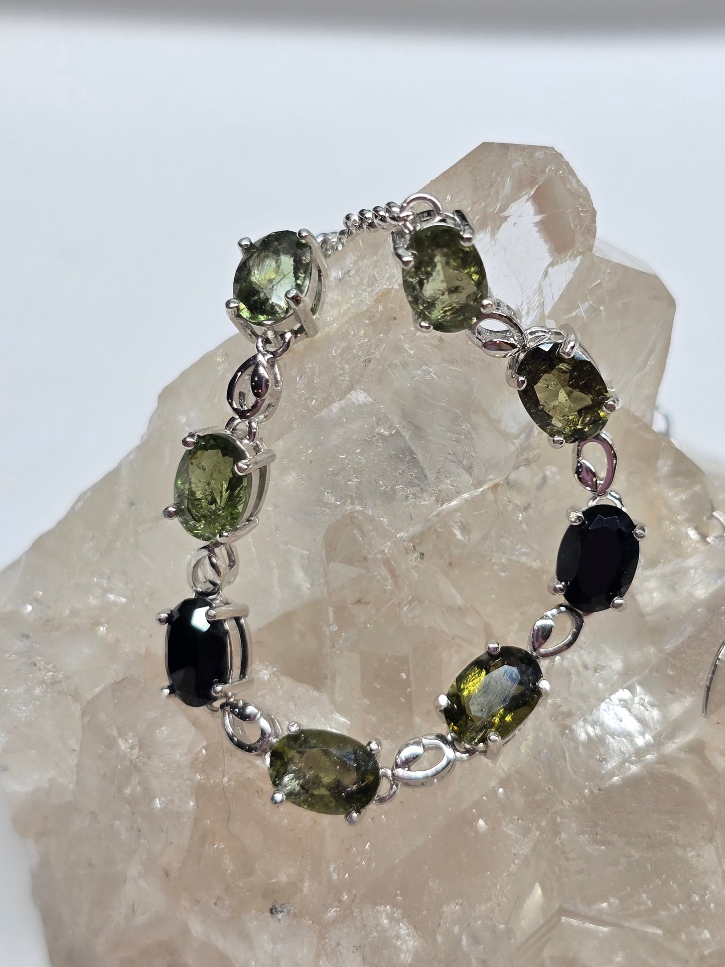 Moldavite and black tourmaline bracelet