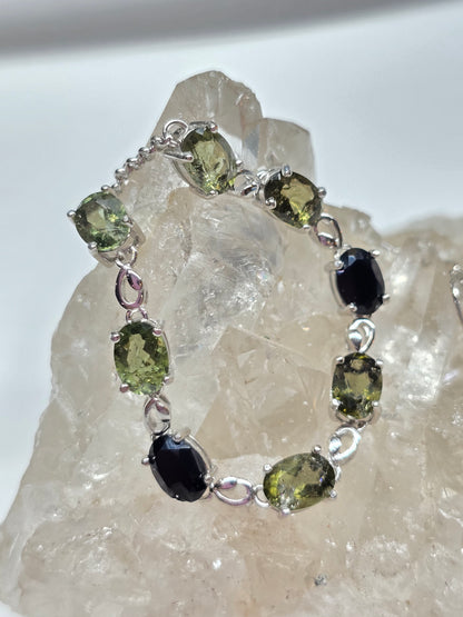 Moldavite and black tourmaline bracelet