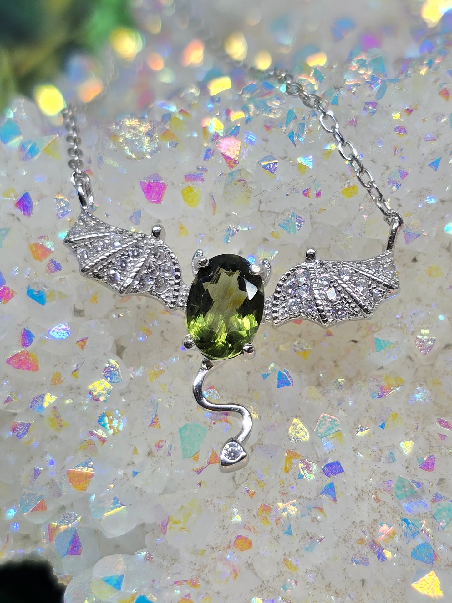 Moldavite Bat pendant & earrings