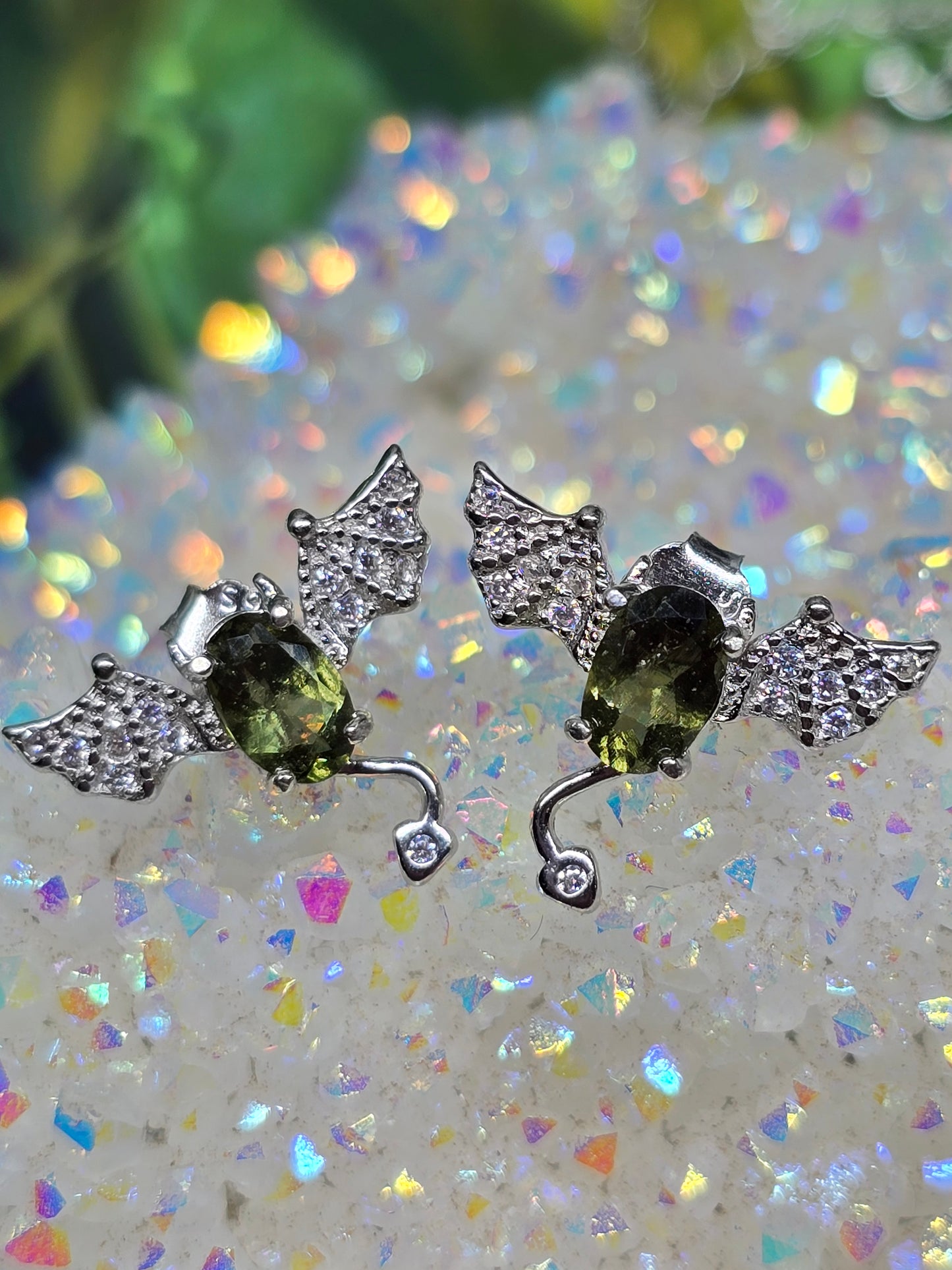 Moldavite Bat pendant & earrings