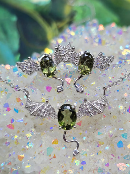 Moldavite Bat pendant & earrings