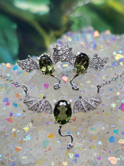 Moldavite Bat pendant & earrings