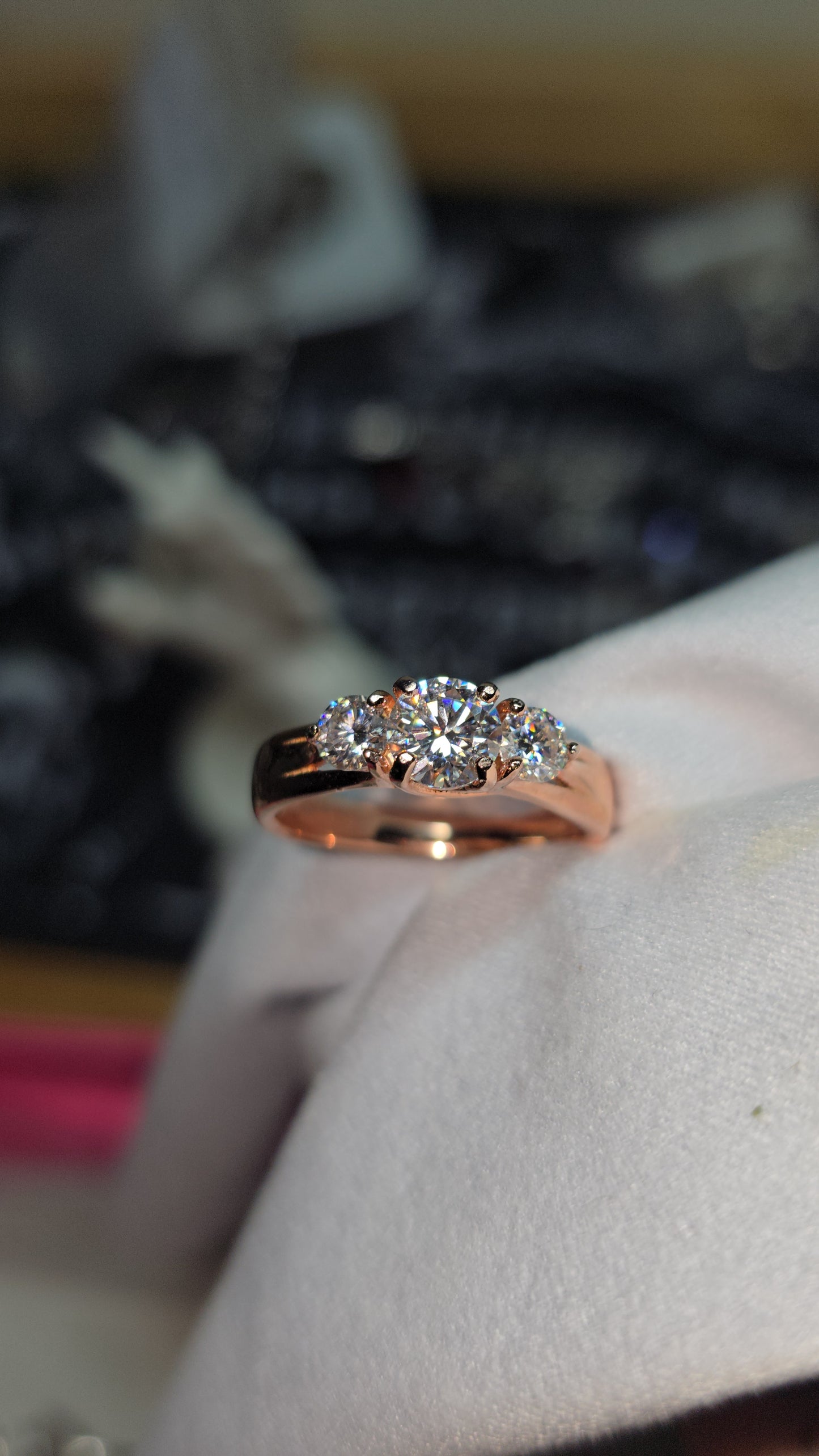 Size 5-9 rose gold over sterling moissanite.