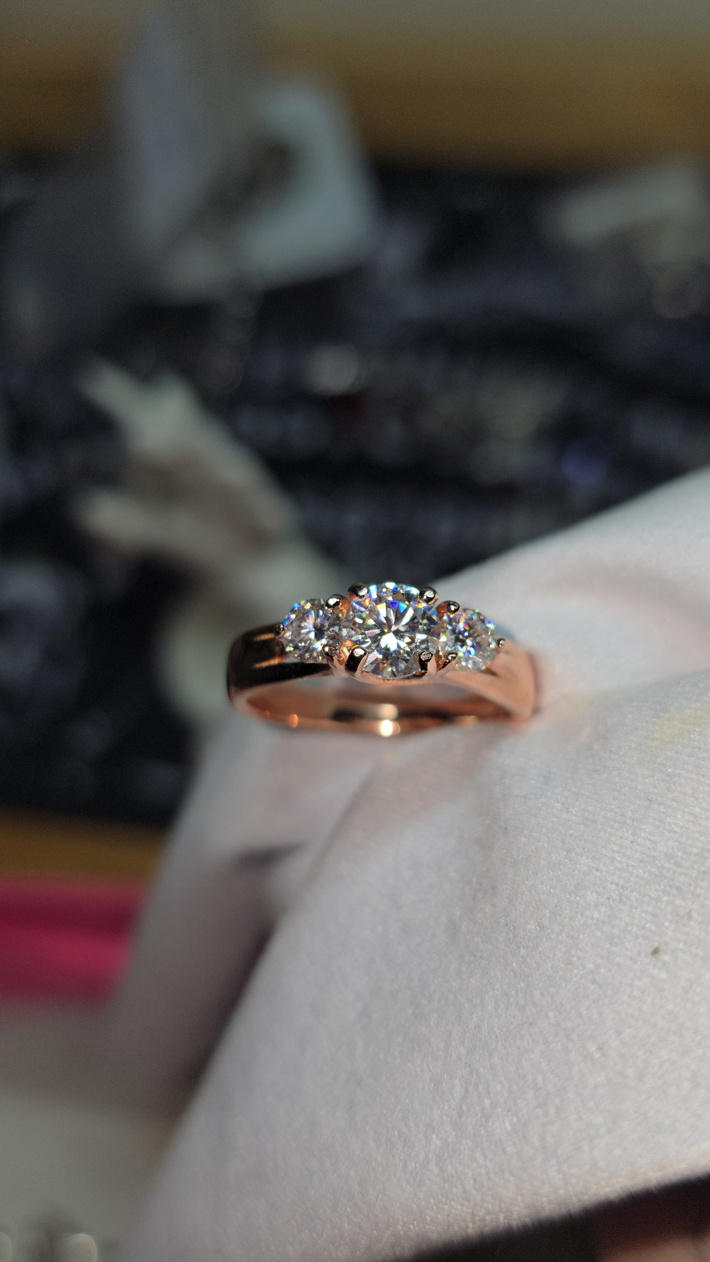 Size 5-9 rose gold over sterling moissanite.