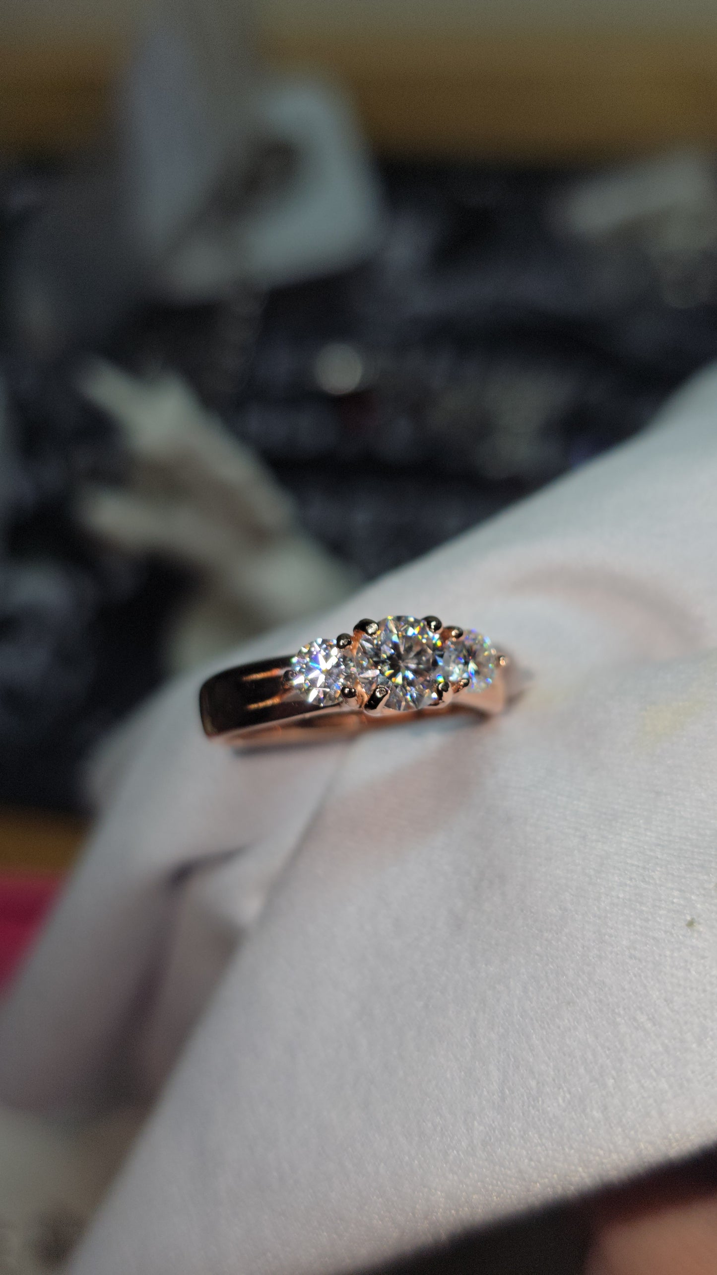 Size 5-9 rose gold over sterling moissanite.