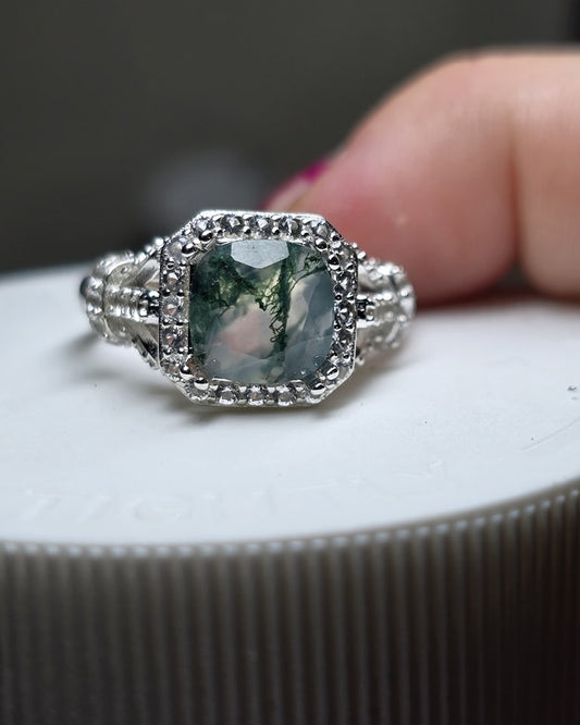 Moss agate princess ring